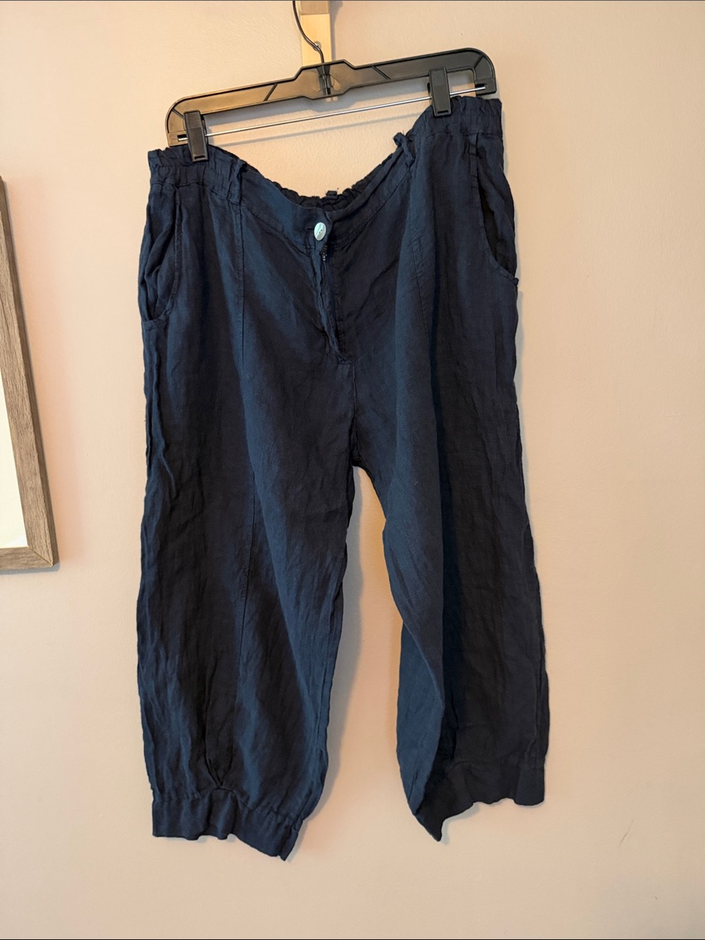 Casual Navy Button-Front 100% Linen Pants